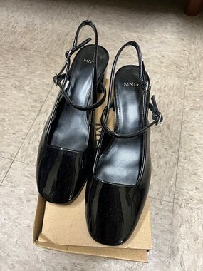 Mango Black Patent Square-Toe Slingback Heels